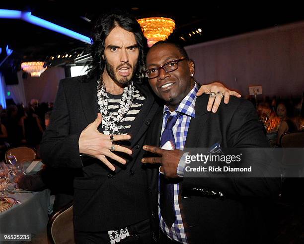 Comedian Russell Brand and producer Randy Jackson attend the 52nd Annual GRAMMY Awards - Salute To Icons Honoring Doug Morris held at The Beverly...
