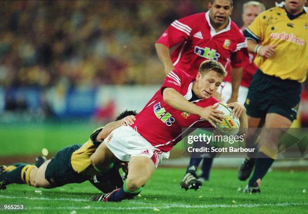 Jonny Wilkinson of the Lions dives over to score a try during the Second Test Match between the Australian Wallabies and the British and Irish Lions...