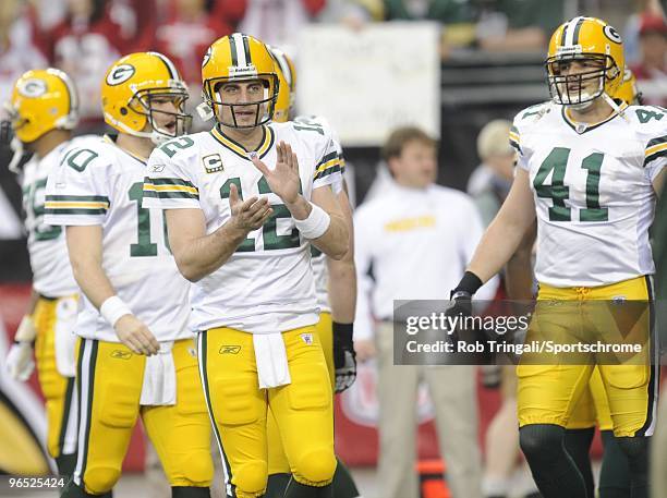 Aaron Rodgers of the Green Bay Packers looks on before a game against the Arizona Cardinals in the NFC wild-card playoff game at University of...