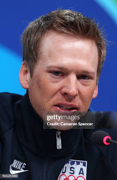 Todd Lodwick of the United States talks during the USOC Nordic Combined Press Conference at the Main Press Centre ahead of the Vancouver 2010 Winter...