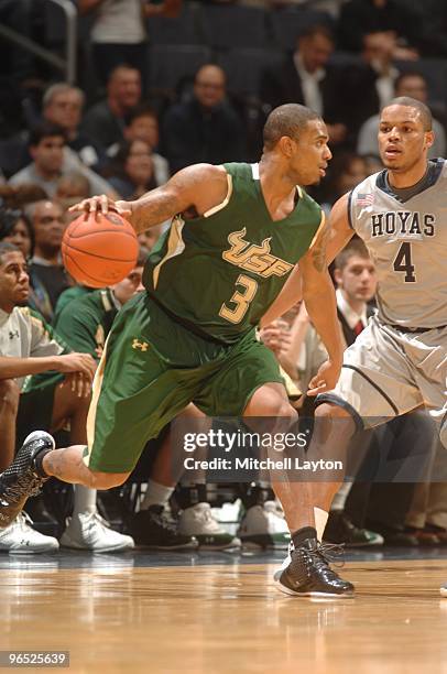 Chris Howard of the South Florida Bulls dribbles the ball during a college basketball game against the Georgetown Hoyas on February 3, 2010 at the...