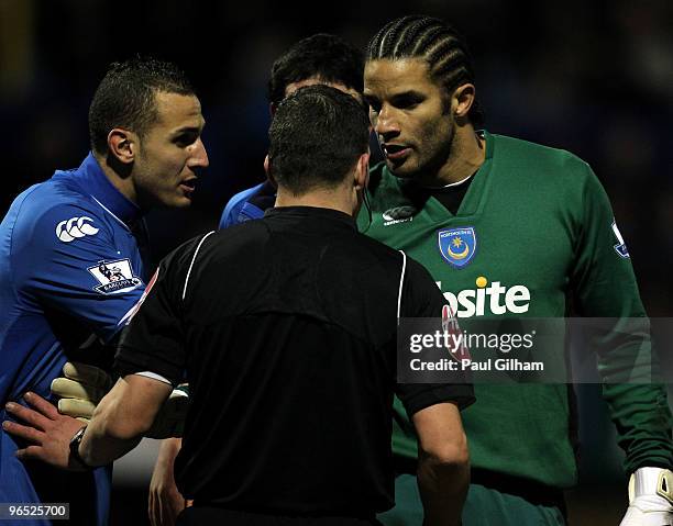 David James of Portsmouth talks to referee Kevin Friend after he was sent off Hassan Yebda instead of Ricardo Rocha however the decision was...