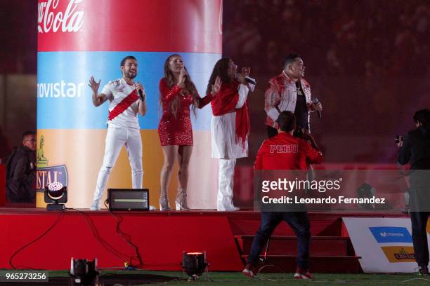 Ezio Oliva, Marisol, Bartola and Josimar, singers of Peru, paticipate in the after game show for the international friendly match between Peru and...