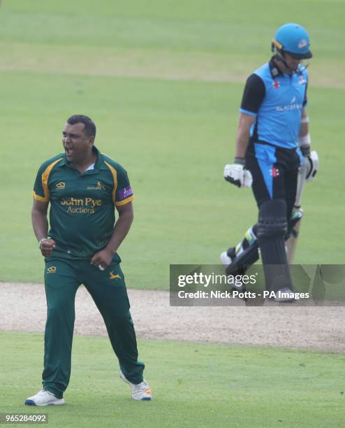 Nottinghamshire's Samit Patel celebrates talking the wicket of Worcestershire's Brett D'Oliveira during a Royal London One Day Cup north group match...