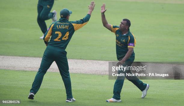 Nottinghamshire's Samit Patel celebrates with Ross Taylor after taking the wicket of Worcestershire's Brett D'Oliveira during a Royal London One Day...