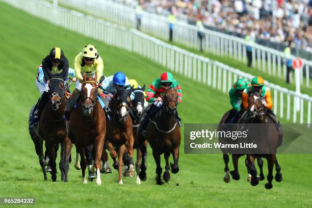 Andrea Atzeni riding Ajman King wins the Investec Wealth & Investment Handicap during Ladies Day of the Investec Derby Festival at Epsom Downs on...