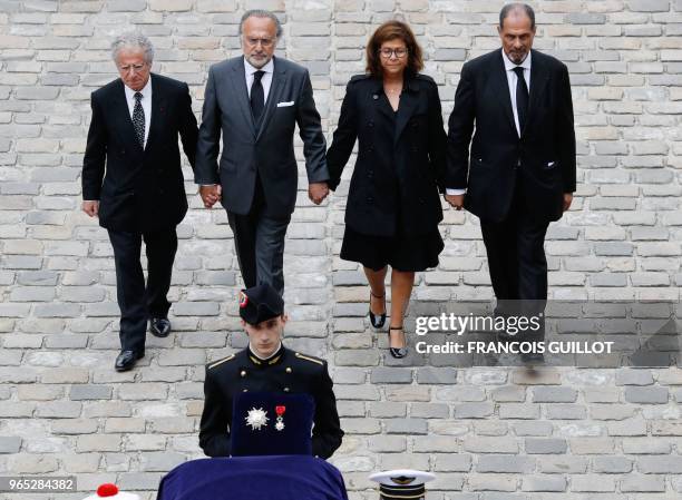 Late French industrialist-turned-politician Serge Dassault's children Laurent Dassault, Olivier Dassault, Marie-Hélène Habert-Dassault and Thierry...