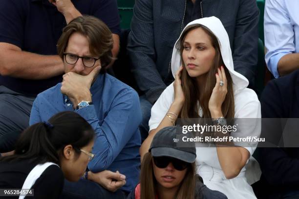 Tv host Ophelie Meunier and her husband Mathieu Vergne attend the 2018 French Open - Day Six at Roland Garros on June 1, 2018 in Paris, France.