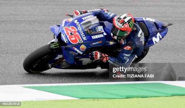 Movistar Yamaha's Spanish rider Maverick Vinales takes a curve during a free practice session ahead of the Italian MotoGP Grand Prix at the Mugello...