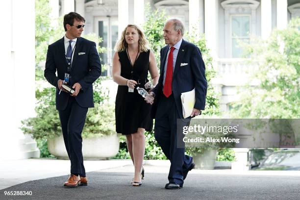 Director of the National Economic Council Larry Kudlow walks back to the West Wing of the White House with Deputy Press Secretary Hogan Gidley after...