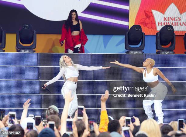 Recording artists and Halsey Lauren Jauregui perform during ABC's "Good Morning America" at Rumsey Playfield, Central Park on June 1, 2018 in New...