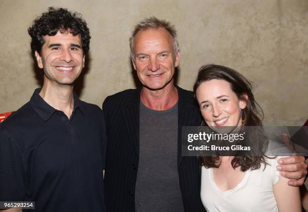 John Ciriani, Sting and Kristen Sieh pose backstage at the hit musical "The Band's Visit" on Broadway at The Barrymore Theatre on May 31, 2018 in New...