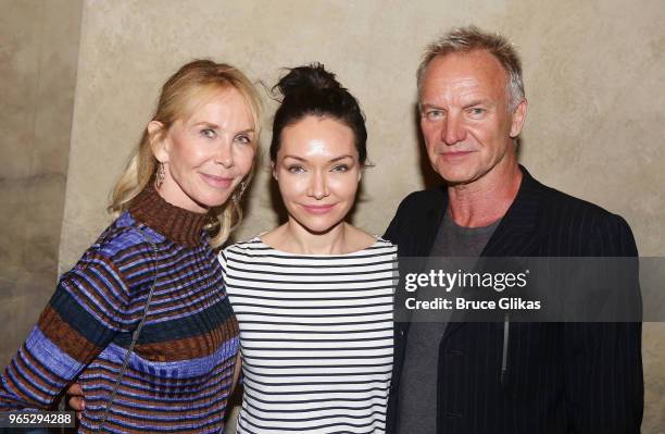 Trudie Styler, Katrina Lenk and Sting pose backstage at the hit musical "The Band's Visit" on Broadway at The Barrymore Theatre on May 31, 2018 in...