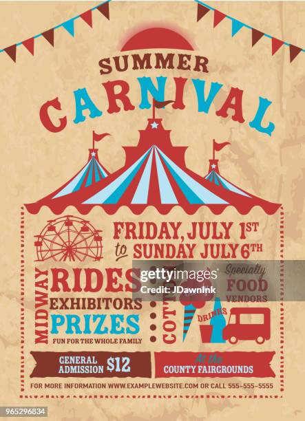 ilustraciones, imágenes clip art, dibujos animados e iconos de stock de plantilla de diseño de cartel de carnaval de verano colorido - circo