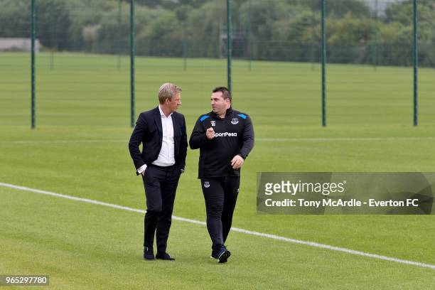 Marcel Brands with David Unsworth as he spends his first day at USM Finch Farm on June 1, 2018 in Halewood, England.