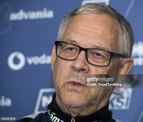 Lars Lagerback of Norway during press conference before Iceland v Norway on May 31, 2018 in Keflavik, Iceland.