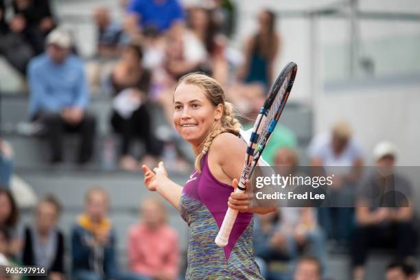 Yulia Putintseva of Kazhakstan celebrates during the lades singles third round match against Qiang Wang of China during day six of the 2018 French...