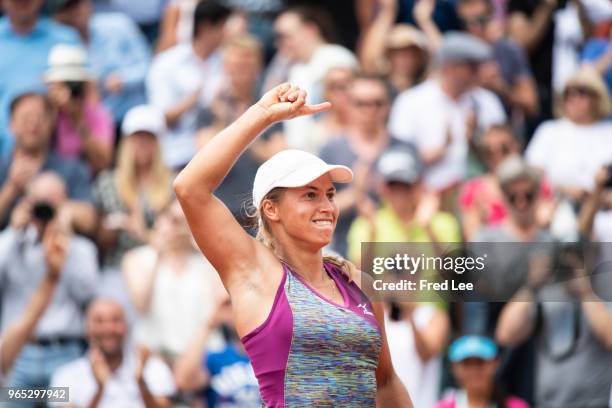 Yulia Putintseva of Kazhakstan celebrates during the lades singles third round match against Qiang Wang of China during day six of the 2018 French...