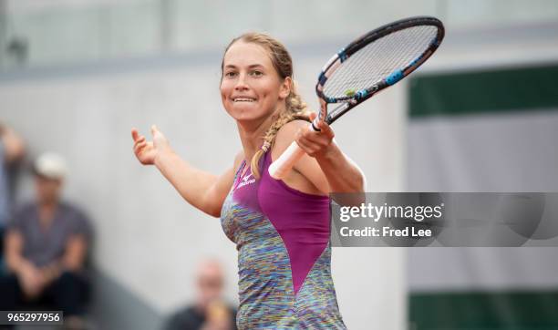 Yulia Putintseva of Kazhakstan celebrates during the lades singles third round match against Qiang Wang of China during day six of the 2018 French...