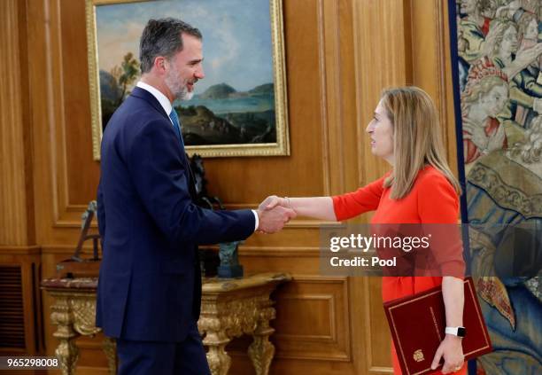 King Felipe VI of Spain receives the President of the Congress of Deputies, Ana Pastor, to communicate the result of the motion of censure against...