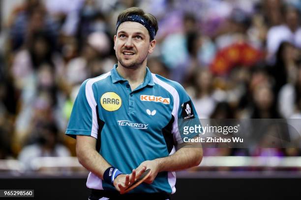 Timo Boll of Germany in action at the men's singles match Round of 16 compete with Liang Jingkun of China during the 2018 ITTF World Tour China Open...