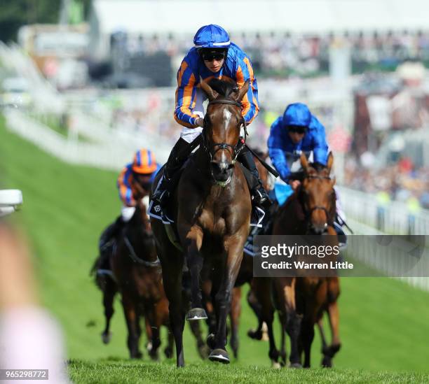 Donnacha O'Brien riding Forever Together wins the Investec Oaks during Ladies Day of the Investec Derby Festival at Epsom Downs on June 1, 2018 in...