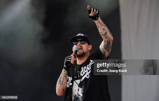 Punk-Rock-Band 'Good Charlotte' with singer Joel Madden perform on stage at Rock im Park 2018 at Zeppelinfeld on June 1, 2018 in Nuremberg, Germany.