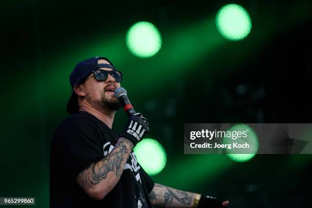 Punk-Rock-Band 'Good Charlotte' with singer Joel Madden perform on stage at Rock im Park 2018 at Zeppelinfeld on June 1, 2018 in Nuremberg, Germany.