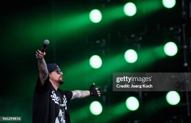 Punk-Rock-Band 'Good Charlotte' with singer Joel Madden perform on stage at Rock im Park 2018 at Zeppelinfeld on June 1, 2018 in Nuremberg, Germany.