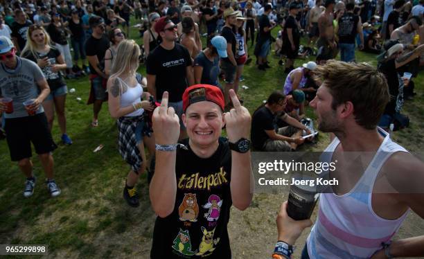 Fans celebrate Rock im Park 2018 festival at Zeppelinfeld on June 1, 2018 in Nuremberg, Germany.