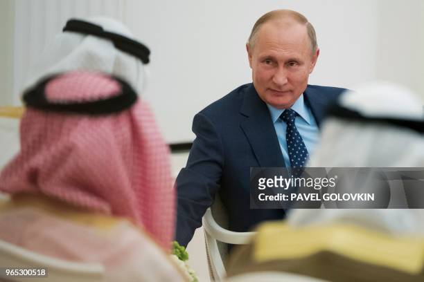 Russian President Vladimir Putin meets with Abu Dhabi Crown Prince Mohammed bin Zayed al-Nahayan at the Kremlin in Moscow on June 1, 2018.