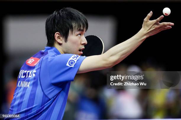 Niwa Koki of Japan in action at the men's singles match Round of 16 compete with Pitchford Liam of England during the 2018 ITTF World Tour China Open...