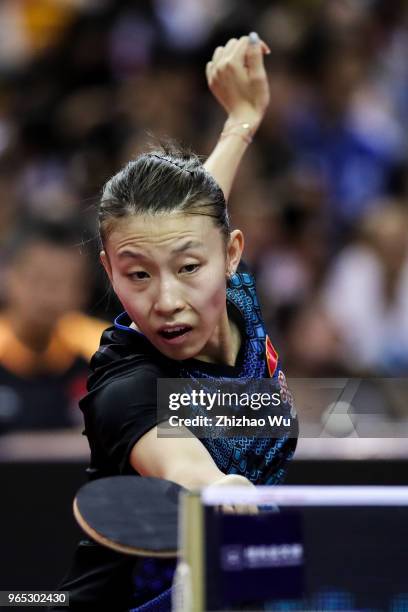 Wu Yang of China in action at the women's singles match compete with Ito Mima of Japan during the 2018 ITTF World Tour China Open on June 1, 2018 in...