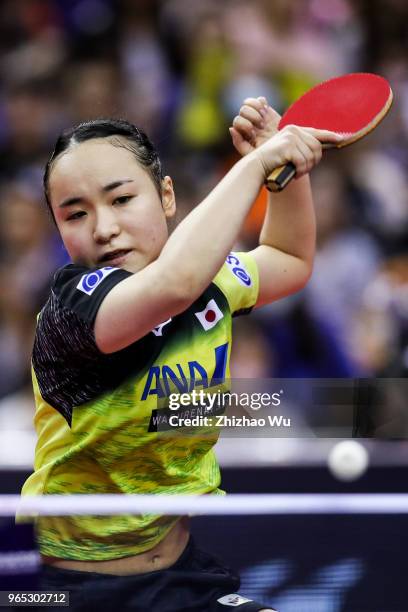 Ito Mima of Japan in action at the women's singles match compete with Wu Yang of China during the 2018 ITTF World Tour China Open on June 1, 2018 in...