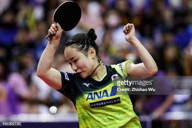 Ito Mima of Japan in action at the women's singles match compete with Wu Yang of China during the 2018 ITTF World Tour China Open on June 1, 2018 in...