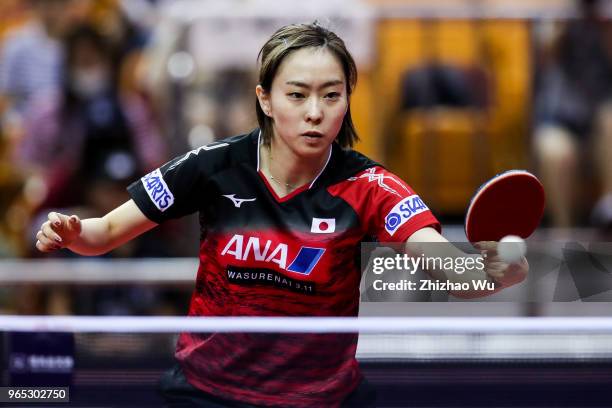 Ishikawa Kasumi of Japan in action at the women's singles match compete with Solja Petrissa of Germany during the 2018 ITTF World Tour China Open on...