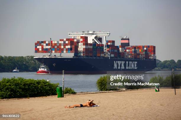 People relax on a beach as a container ship passes by on the Elbe River near Hamburg Port on June 1, 2018 in Hamburg, Germany. Shipping companies...