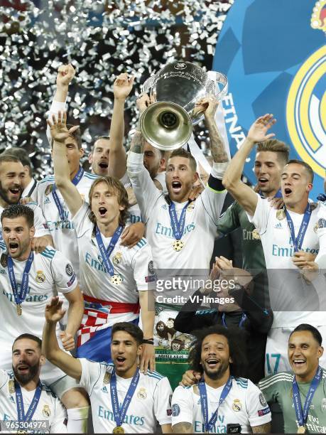 Karim Benzema of Real Madrid, Raphael Varane of Real Madrid, Gareth Bale of Real Madrid, Luka Modric of Real Madrid, Sergio Ramos of Real Madrid with...