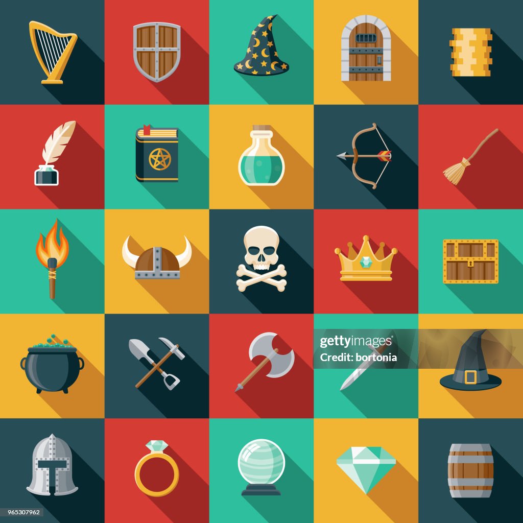 Fantasy Flat Design Icon Set with Side Shadow