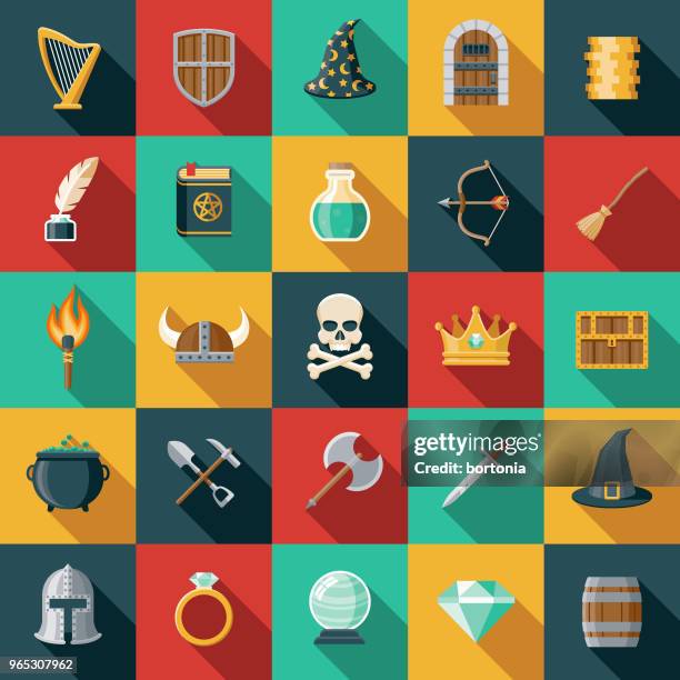 fantasy flat design icon set with side shadow - cauldron stock illustrations