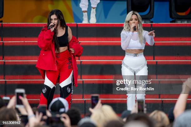 Lauren Jauregui with Halsey on stage as she performs on ABC's "Good Morning America" at SummerStage at Rumsey Playfield, Central Park on June 1, 2018...