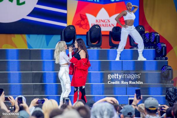 Lauren Jauregui with Halsey on stage as she performs on ABC's "Good Morning America" at SummerStage at Rumsey Playfield, Central Park on June 1, 2018...