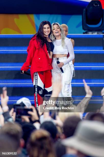 Lauren Jauregui with Halsey on stage as she performs on ABC's "Good Morning America" at SummerStage at Rumsey Playfield, Central Park on June 1, 2018...