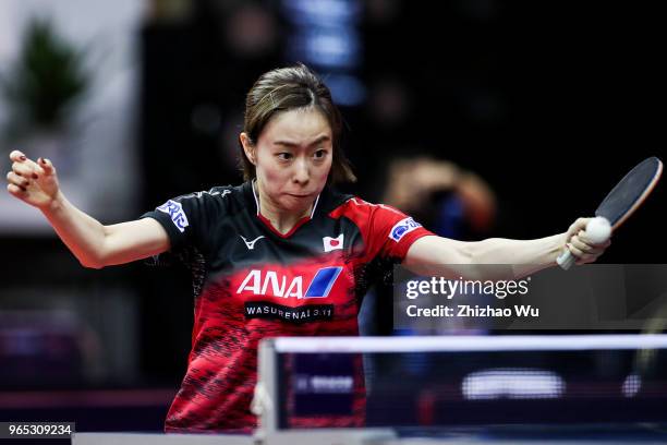 Ishikawa Kasumi of Japan in action at the women's singles match compete with Solja Petrissa of Germany during the 2018 ITTF World Tour China Open on...