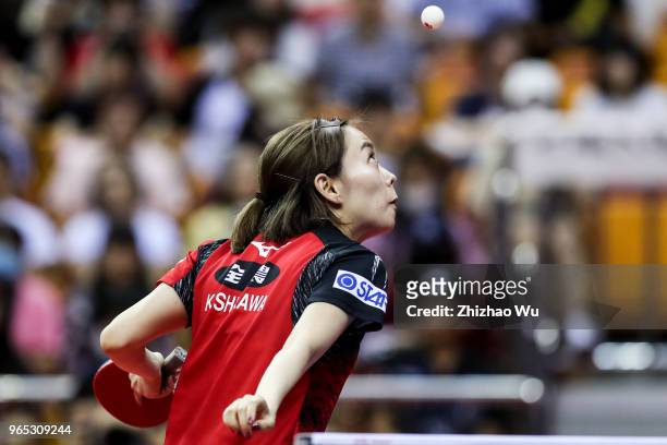 Ishikawa Kasumi of Japan in action at the women's singles match compete with Solja Petrissa of Germany during the 2018 ITTF World Tour China Open on...