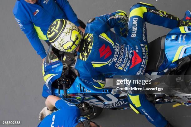 Andrea Iannone of Italy and Team Suzuki ECSTAR starts from box during the MotoGp of Italy - Free Practice at Mugello Circuit on June 1, 2018 in...