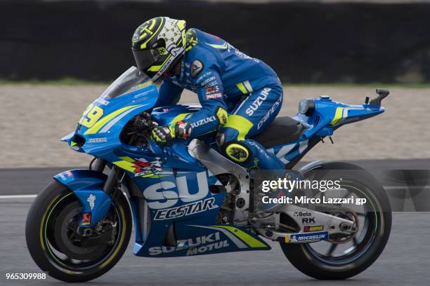 Andrea Iannone of Italy and Team Suzuki ECSTAR heads down a straight during the MotoGp of Italy - Free Practice at Mugello Circuit on June 1, 2018 in...