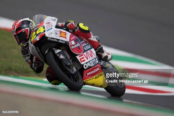 Tatsuki Suzuki of Italy and Sic 58 Squadra Corse rounds the bend during the MotoGp of Italy - Free Practice at Mugello Circuit on June 1, 2018 in...