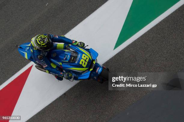 Andrea Iannone of Italy and Team Suzuki ECSTAR returns in box during the MotoGp of Italy - Free Practice at Mugello Circuit on June 1, 2018 in...