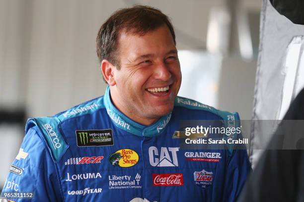 Ryan Newman, driver of the Kalahari Resorts and Conventions Chevrolet, stands in the garage area during practice for the Monster Energy NASCAR Cup...